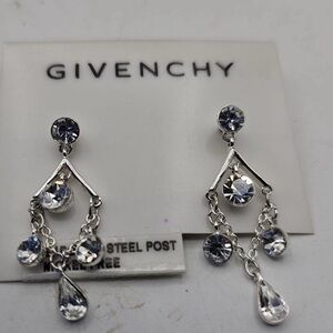 Givenchy Silver Tone Crystal Cluster Dangle Earrings